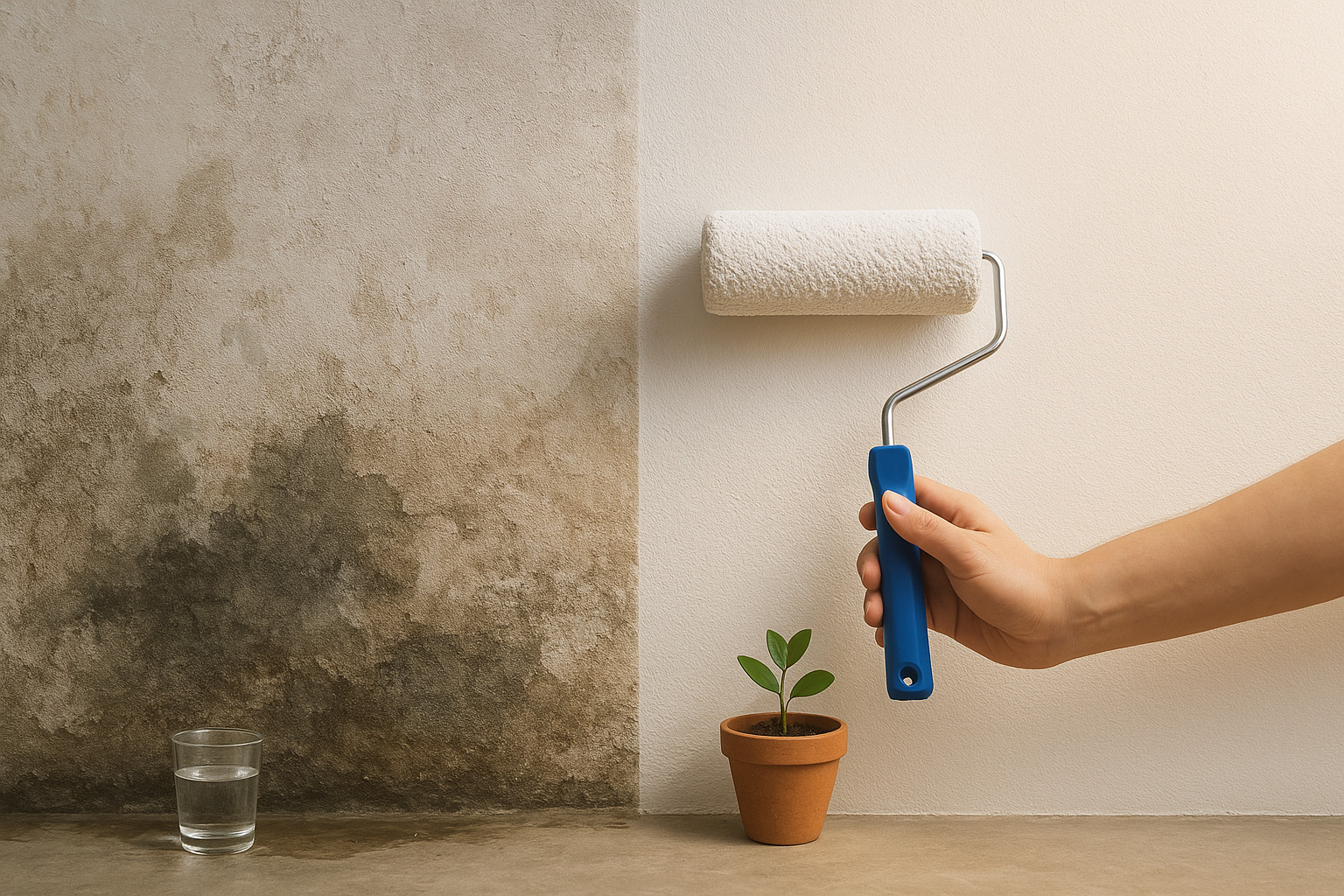 nasse wand und trockene Wand mit Farbroller