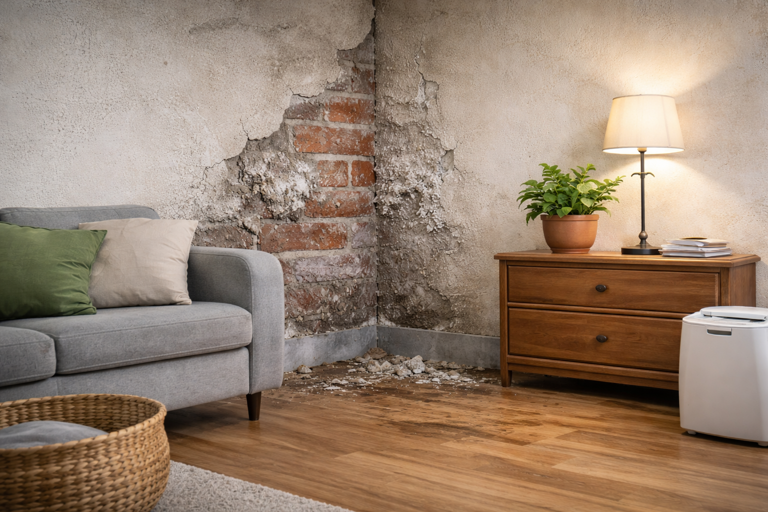 feuchte-wand-durch-zementputz-mit porser-oberflaeche-und-salzausbluehungen