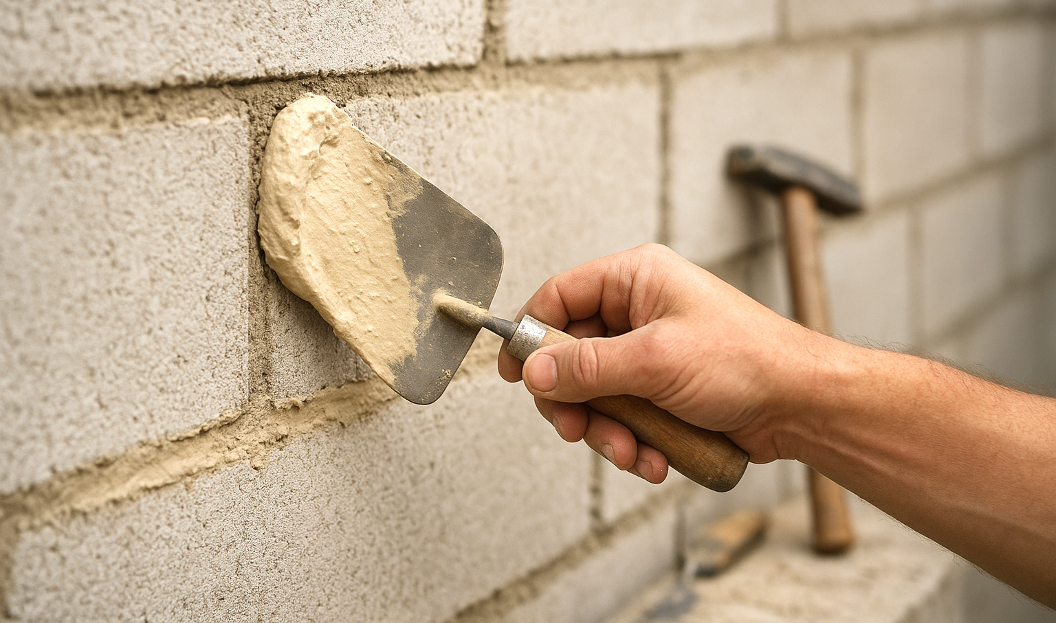 Hand mit Spachtel spachtelt Fugenmörtel zwischen Fugen Mauerwerk