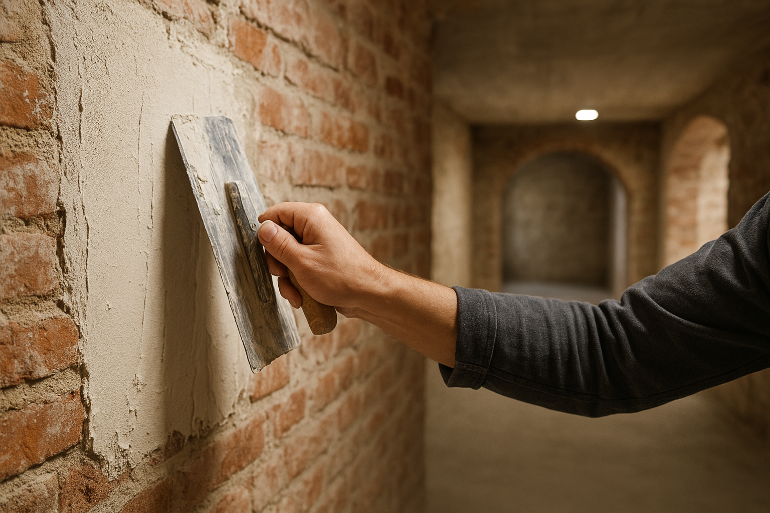 Hand mit Spachtel spachtelt Putz auf ZiegelwandWan