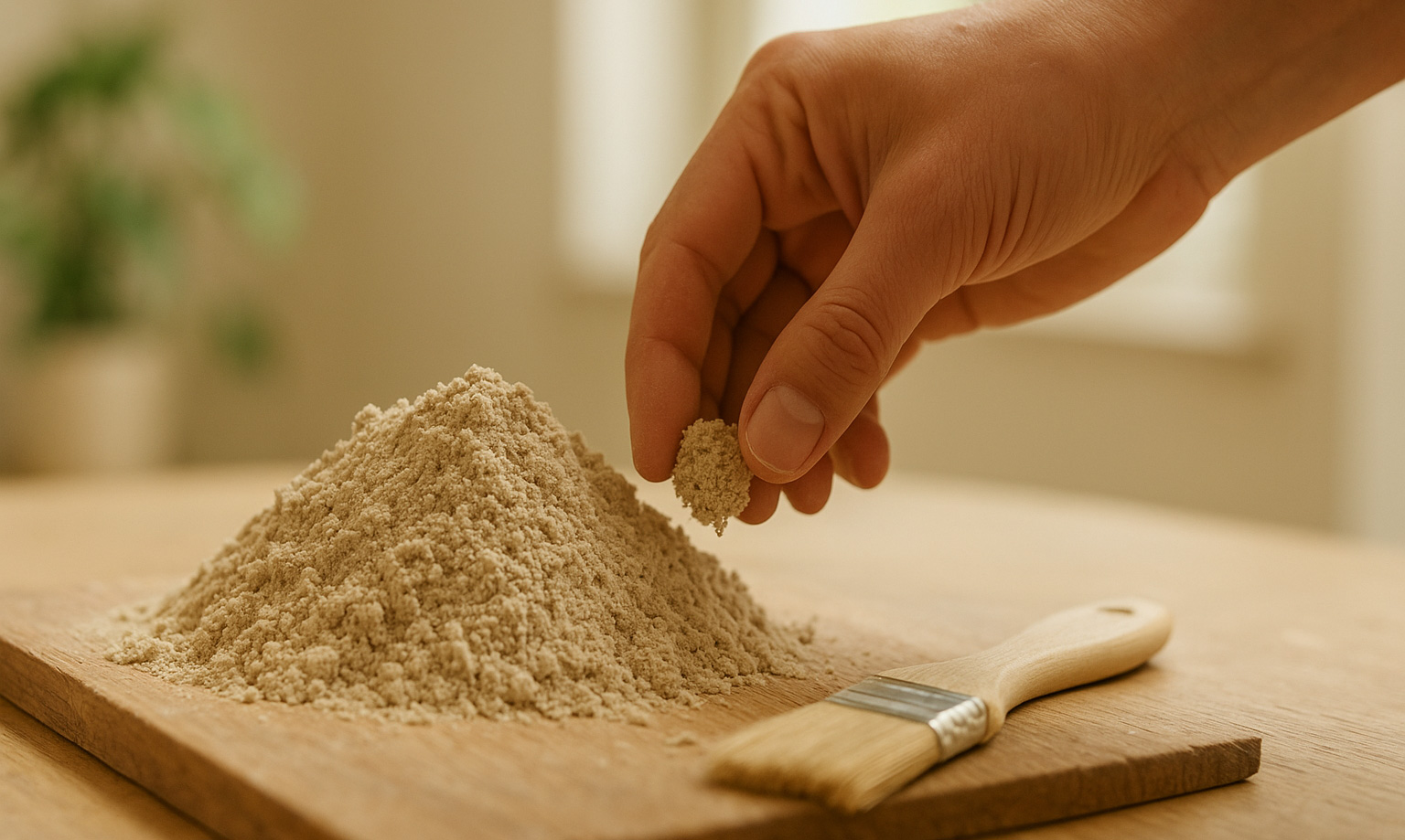 Häufchen Kalkpulver mit Hand und Pinsel auf Tisch