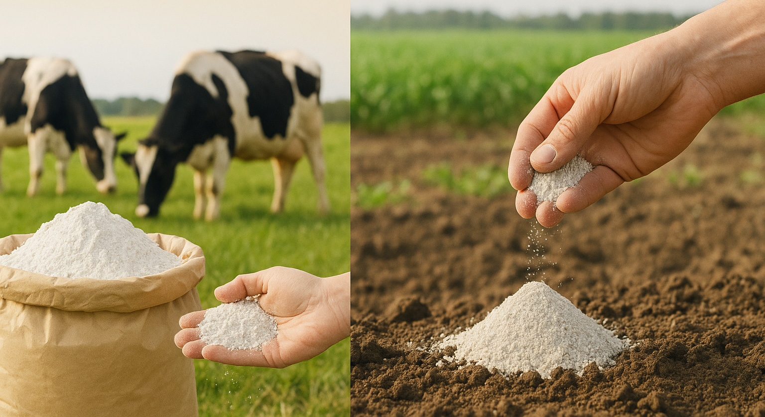 links Sack mit Futterkalk Hintergrund Kühe rechts Kalk auf Boden