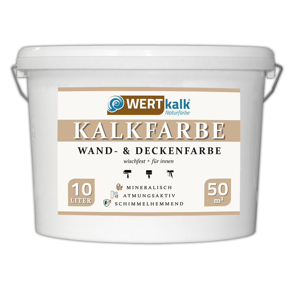 weißer Eimer mit Kalkfarbe und Logo Wertkalk