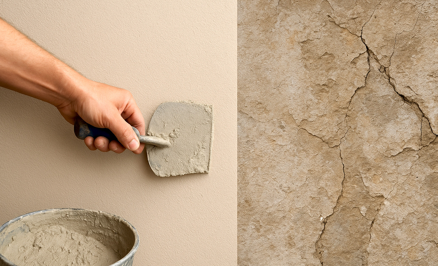 rissige Wand und sanierte Wand mit Spachtel
