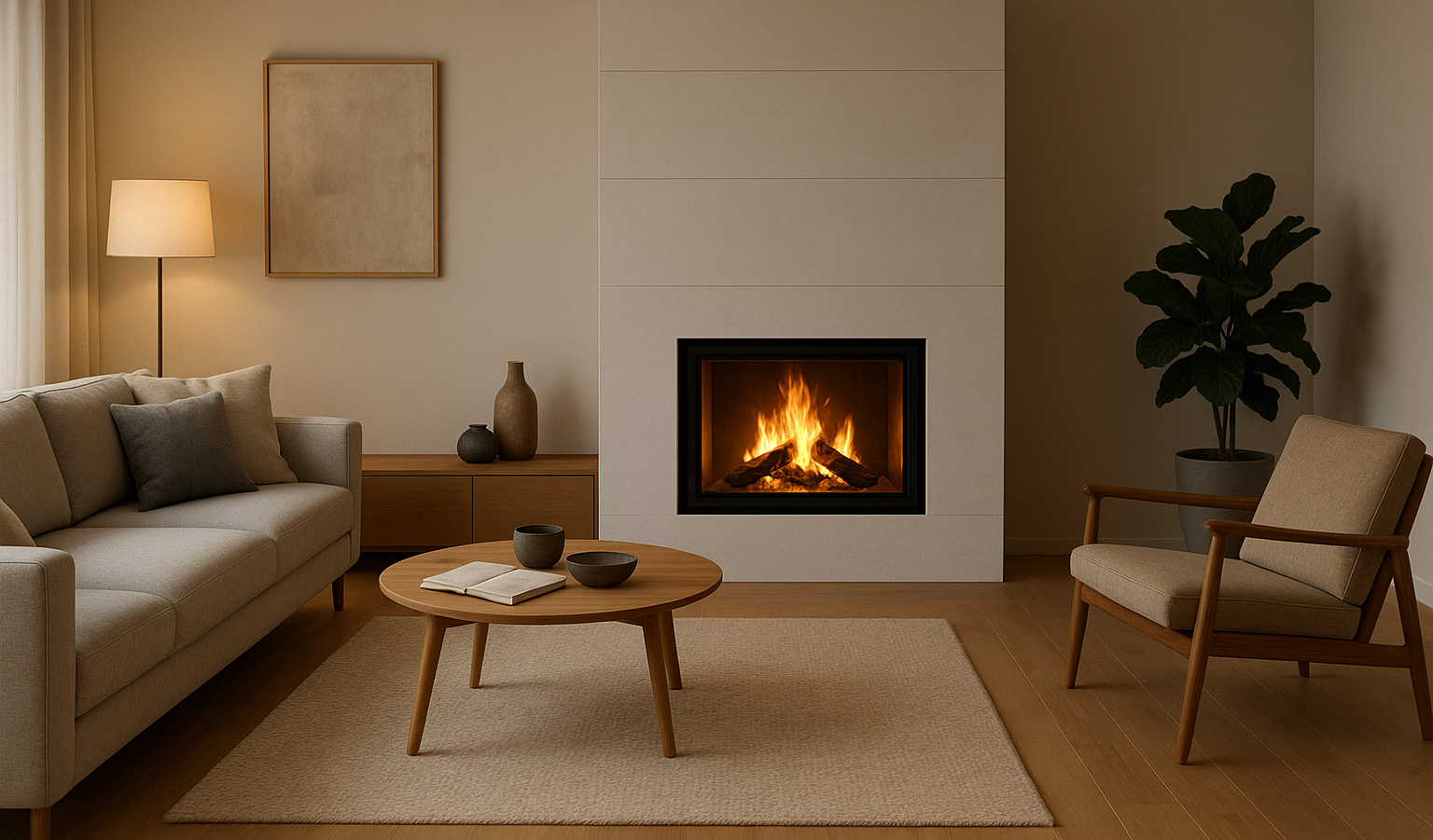 Kamin innen Feuer ummantelt mit Brandschutzplatten in gemütlichem Wohnzimmer