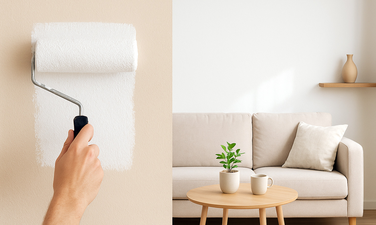 Hand mit Farbrolle an Wand daneben warmes Sofa mit Pflanze wohnlich