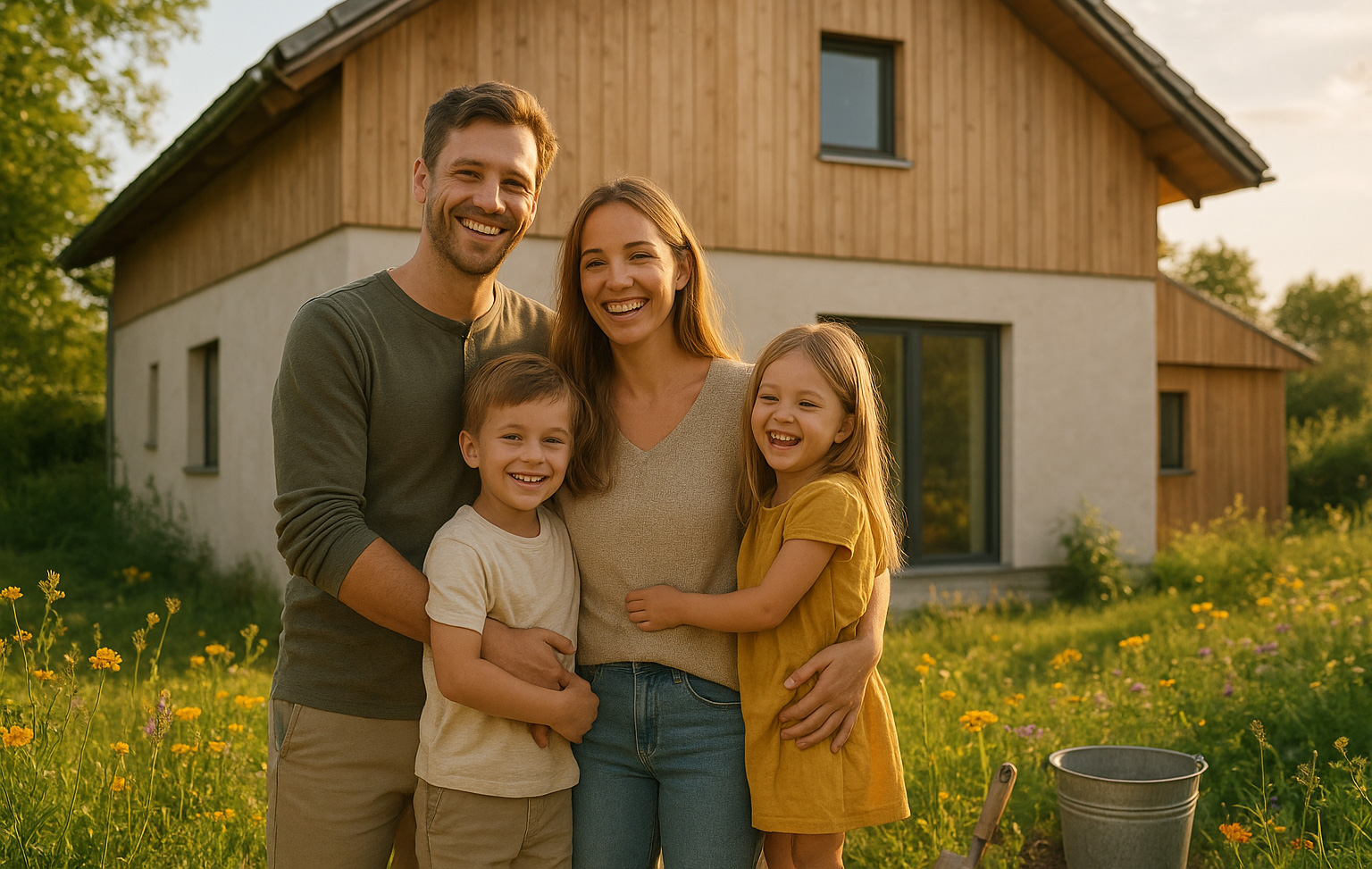Familie aus Vater Mutter Sohn und Tochter lächelnd vor einem Haus in einer bunten Wiese