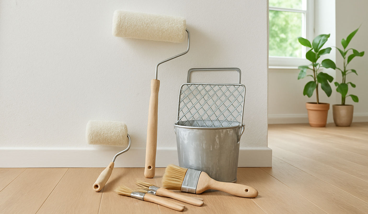 Pinsel Set mit Rolle Eimer und Abstreifgitter vor Wand